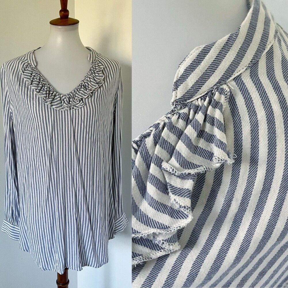 Aerie Tunic Top Blouse Shirt Chambray Blue White Striped Ruffle M Medium Cotton